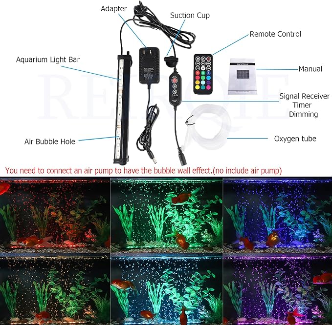 Submersible Aquarium Light,LED Aquarium Air Bubble Light,RGB Color Changing Brightness Adjustable Timing Waterproof Remote Control Fish Tank Light Bar,Aquarium Light Bubbler Wall